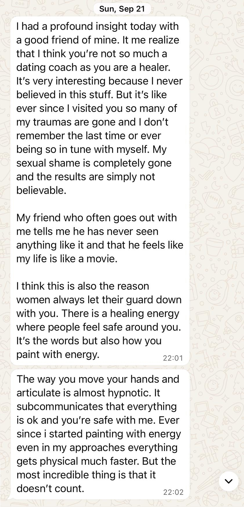 WhatsApp message from Marcus P, a past participant; full text transcribed below
